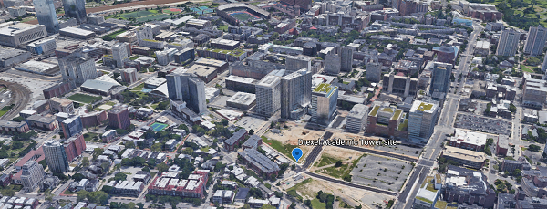 Google Earth screenshot of the location of the Drexel Academic Tower 